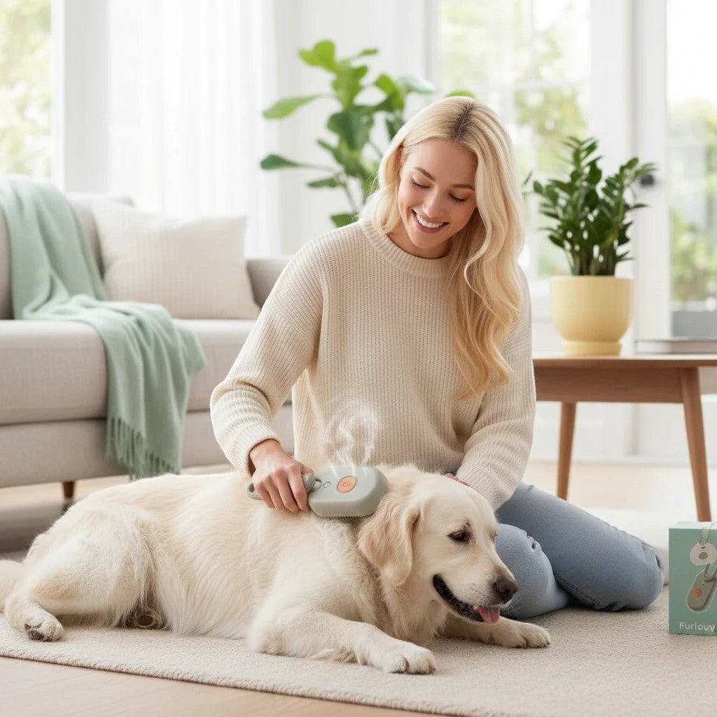 Furlouve 3-in-1 steam pet brush with soft bristles gently detangling and massaging a golden retriever dog.