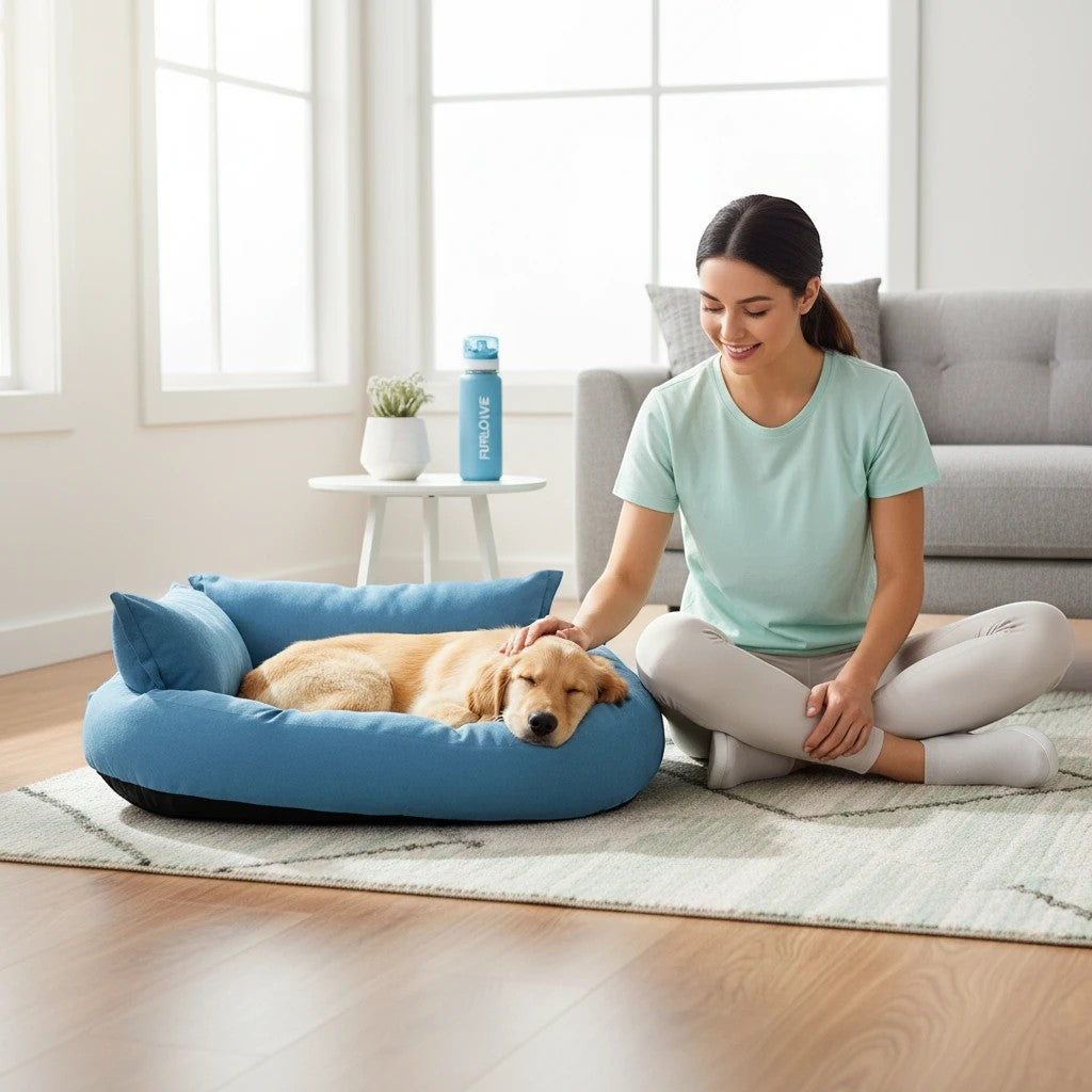 Furlouve blue imitation deer skin velvet pet cushion with a golden retriever puppy sleeping peacefully. A woman is gently petting the puppy.