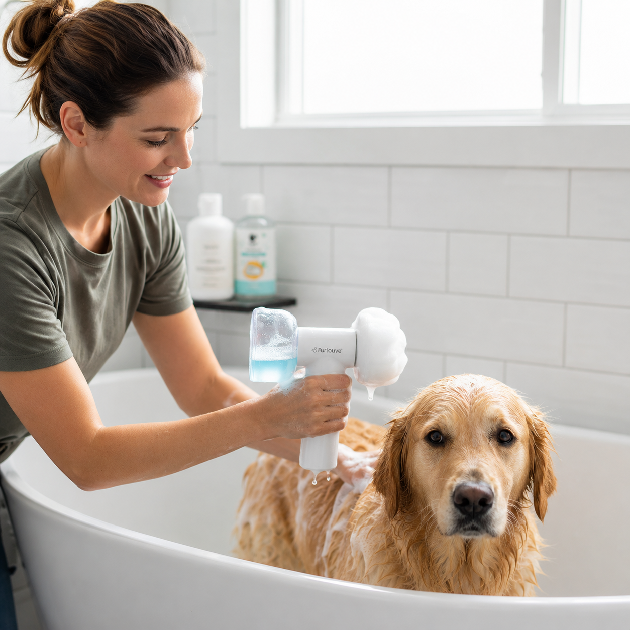 Automatic Foaming Pet Bath Brush With Soap Dispenser Furlouve