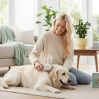 Furlouve 3-in-1 steam pet brush with soft bristles gently detangling and massaging a golden retriever dog.