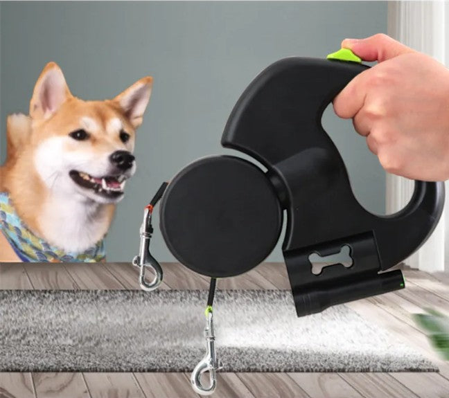 Furlouve Auto Double Dog Leash, black ABS, telescopic dual-line retractable leash with built-in light and waste bag dispenser.