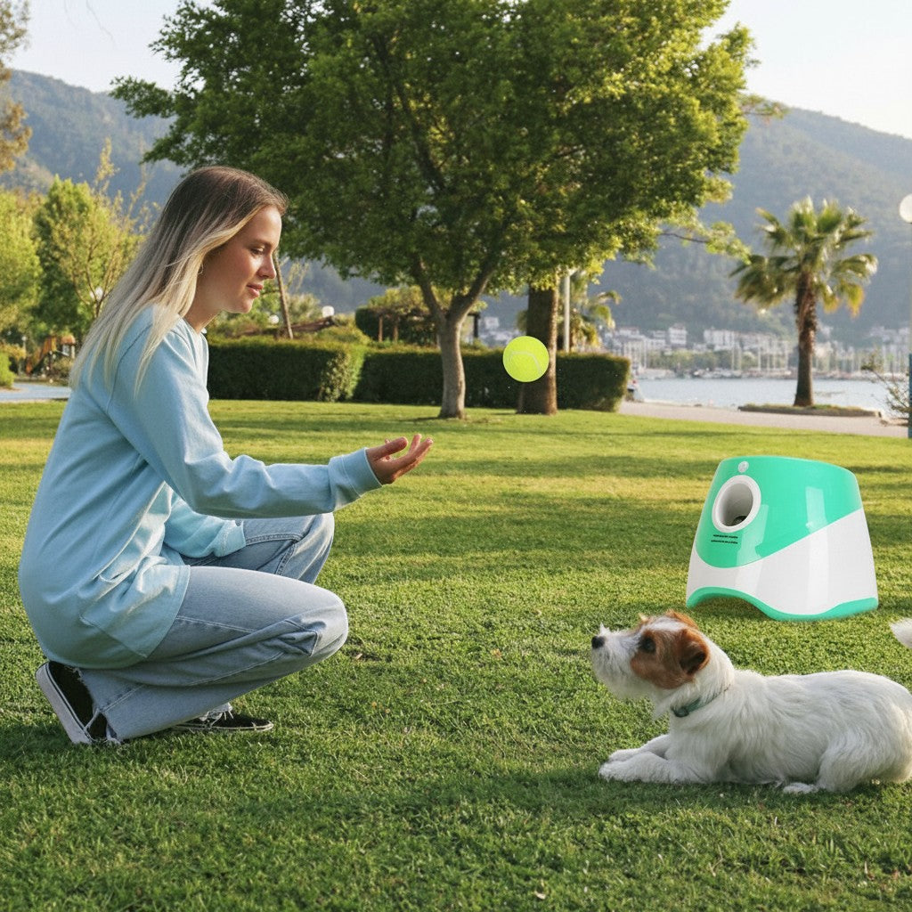 Furlouve Automatic Dog Ball Launcher in white and teal, with a woman and dog playing fetch in a park.