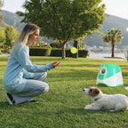 Furlouve Automatic Dog Ball Launcher in white and teal, with a woman and dog playing fetch in a park.