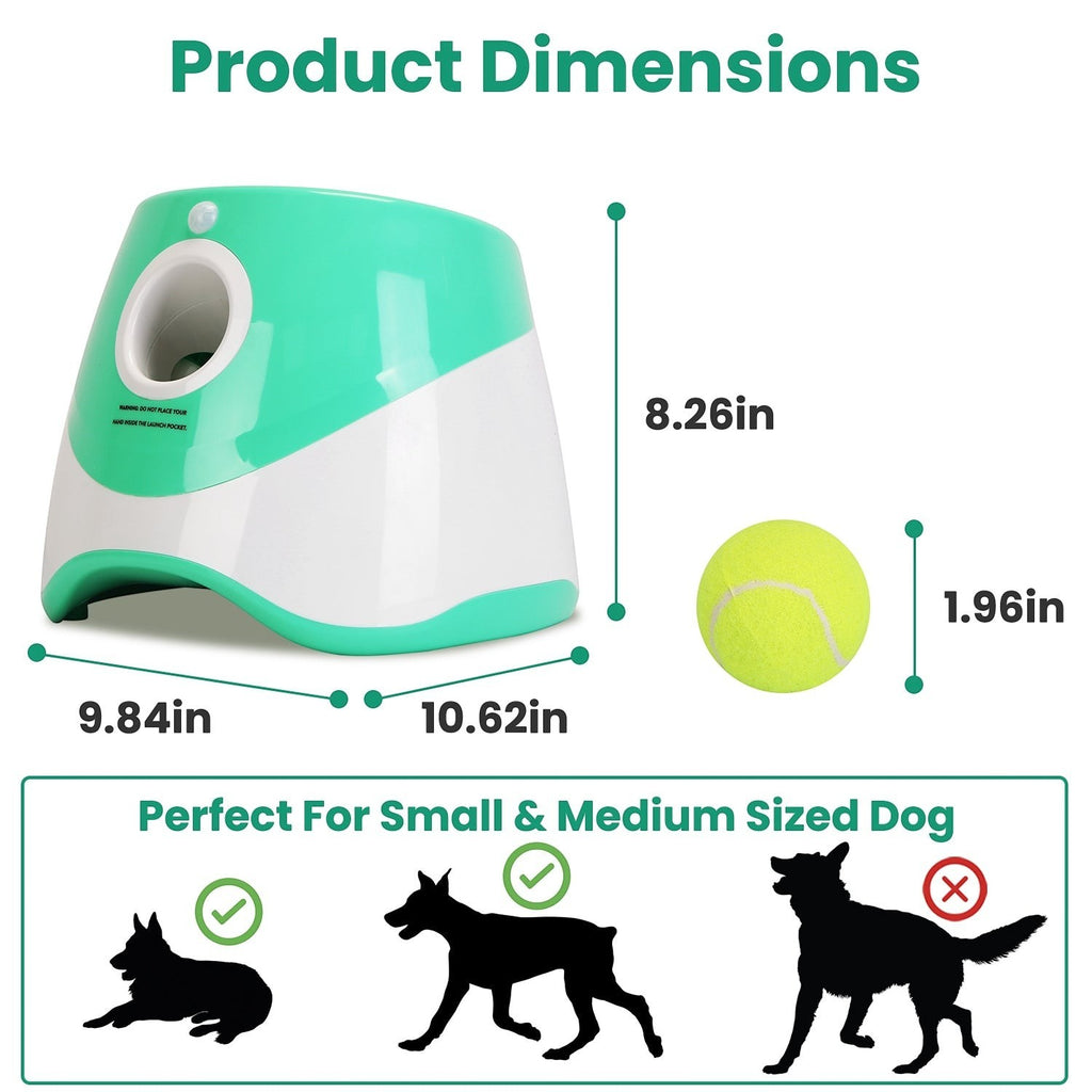 Furlouve white and green automatic dog ball launcher with 3 distance settings, perfect for small to medium dogs.