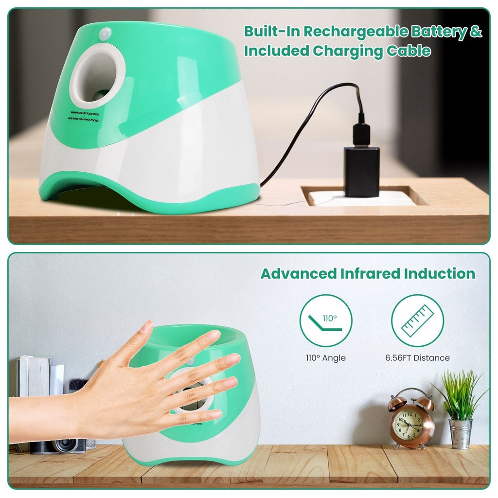 Furlouve automatic dog ball launcher in white and green, with rechargeable battery and charging cable. Features infrared sensor.