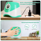 Furlouve automatic dog ball launcher in white and green, with rechargeable battery and charging cable. Features infrared sensor.
