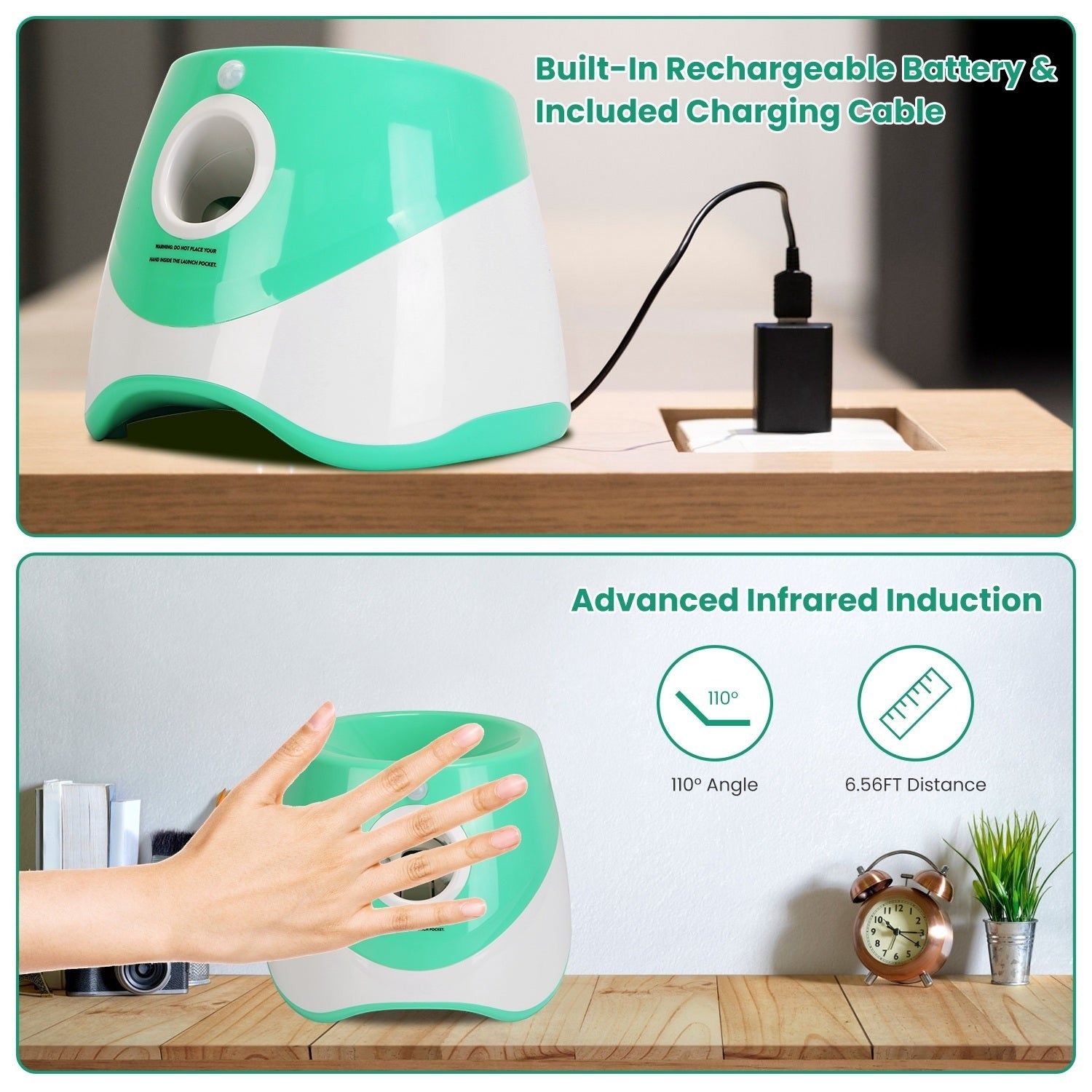 Furlouve automatic dog ball launcher in white and green, with rechargeable battery and charging cable. Features infrared sensor.