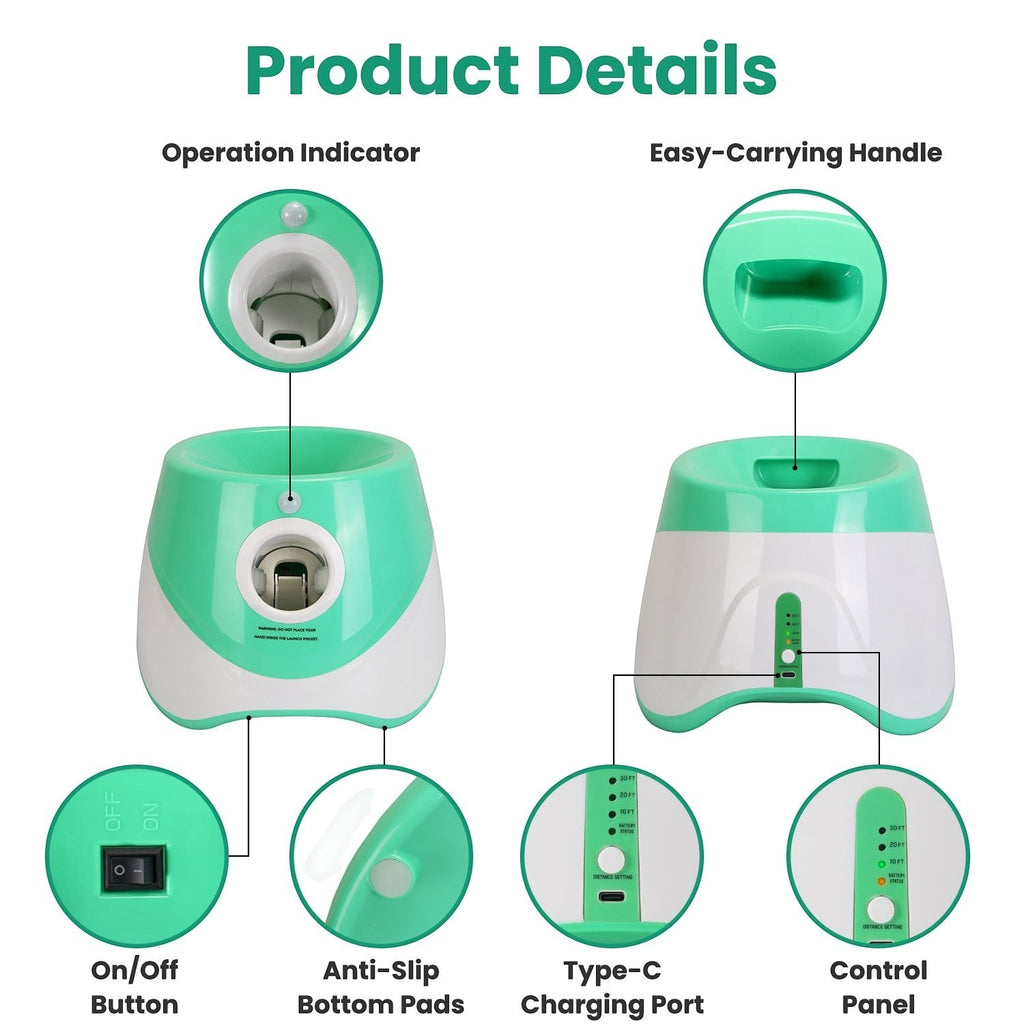 Furlouve white and green automatic dog ball launcher with 3 distance settings and safety sensor. Features on/off switch, anti-slip pads, and Type-C charging port.