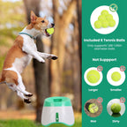 Furlouve automatic dog ball launcher in white and green, with a dog jumping to catch a tennis ball.