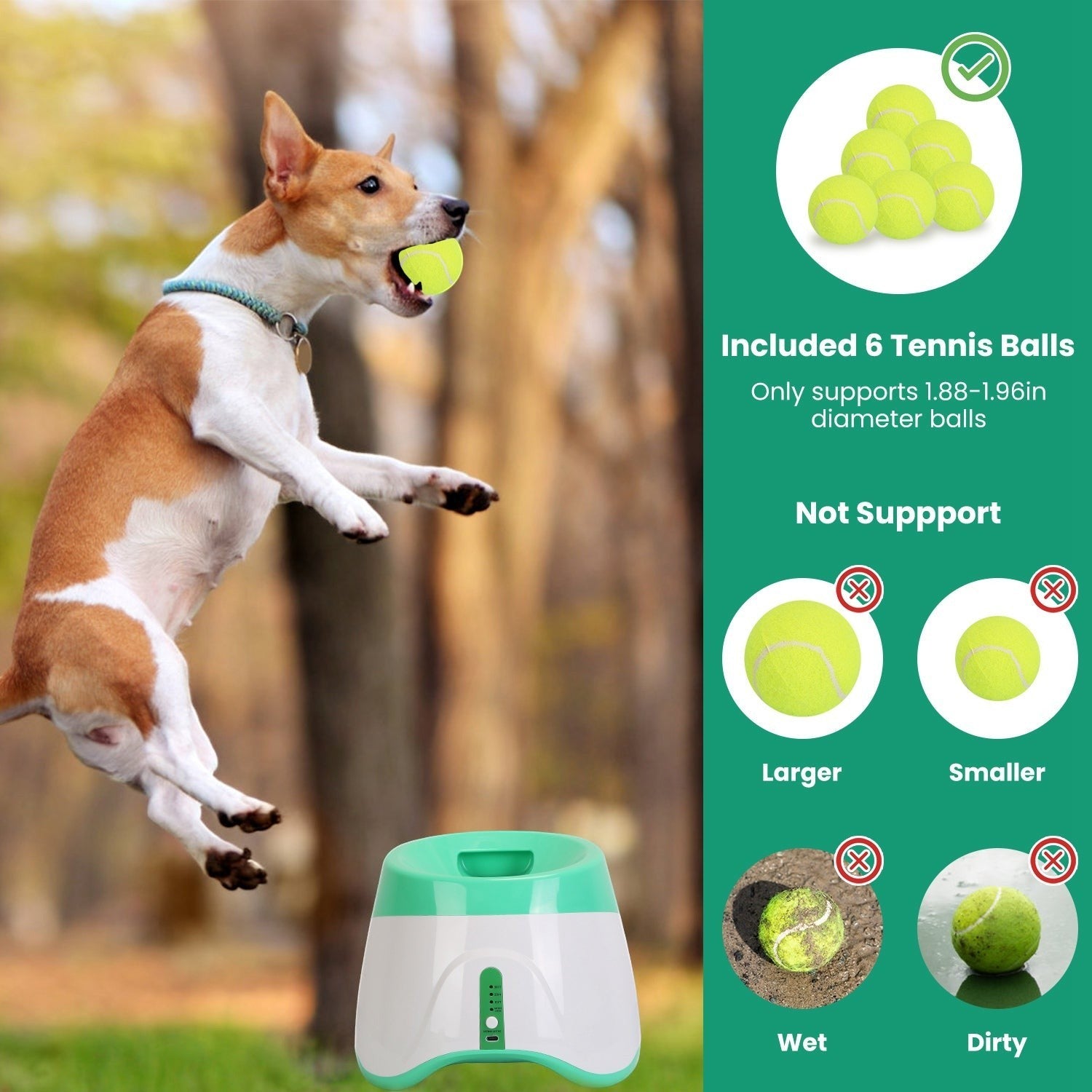 Furlouve automatic dog ball launcher in white and green, with a dog jumping to catch a tennis ball.