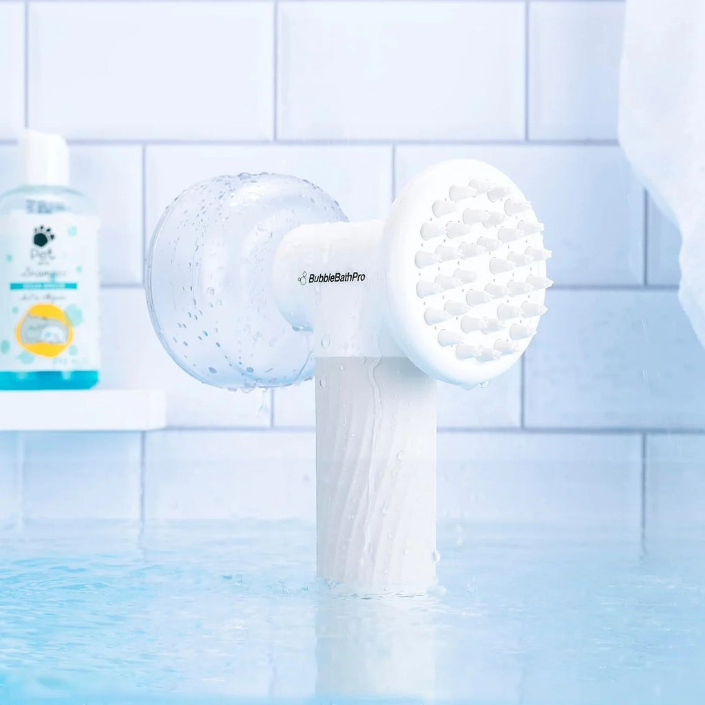 Furlouve Automatic Foaming Pet Bath Brush with soap dispenser, white silicone scrubber for dogs and cats.