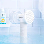Furlouve Automatic Foaming Pet Bath Brush with soap dispenser, white silicone scrubber for dogs and cats.