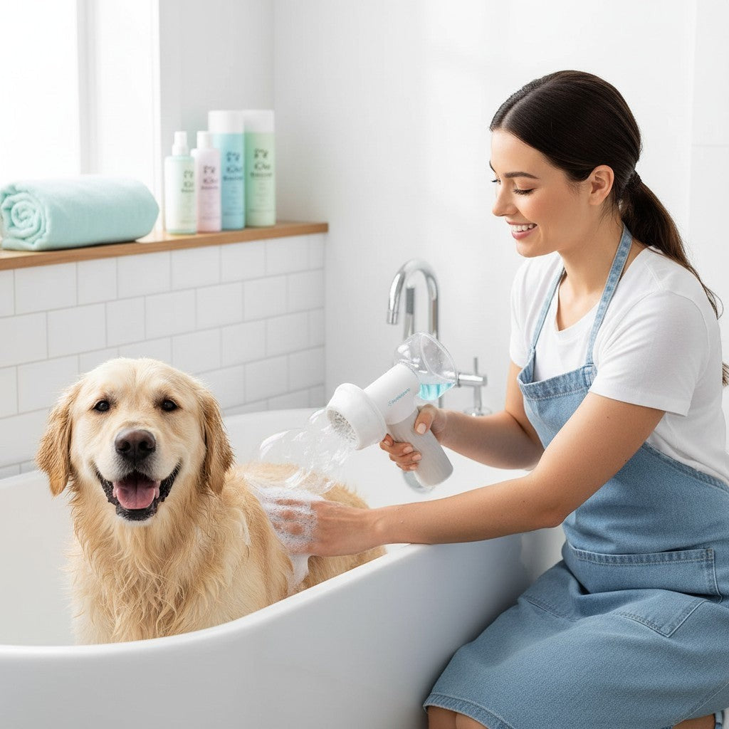 Furlouve automatic foaming pet bath brush with soap dispenser, used by a woman on a golden retriever in a bathtub.