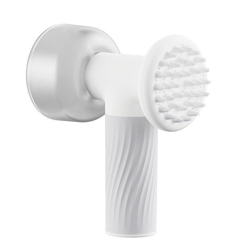 Furlouve white automatic foaming pet bath brush with silicone bristles and soap dispenser. Ideal for dogs and cats.