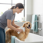 Furlouve automatic foaming pet bath brush with soap dispenser, used by a woman on a golden retriever in a bathtub.