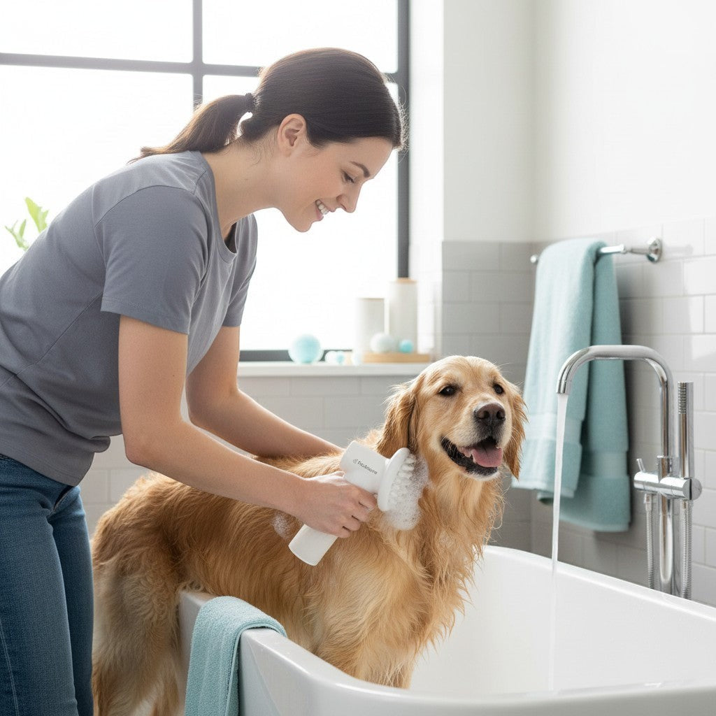 Furlouve automatic foaming pet bath brush with soap dispenser, used by a woman on a golden retriever in a bathtub.
