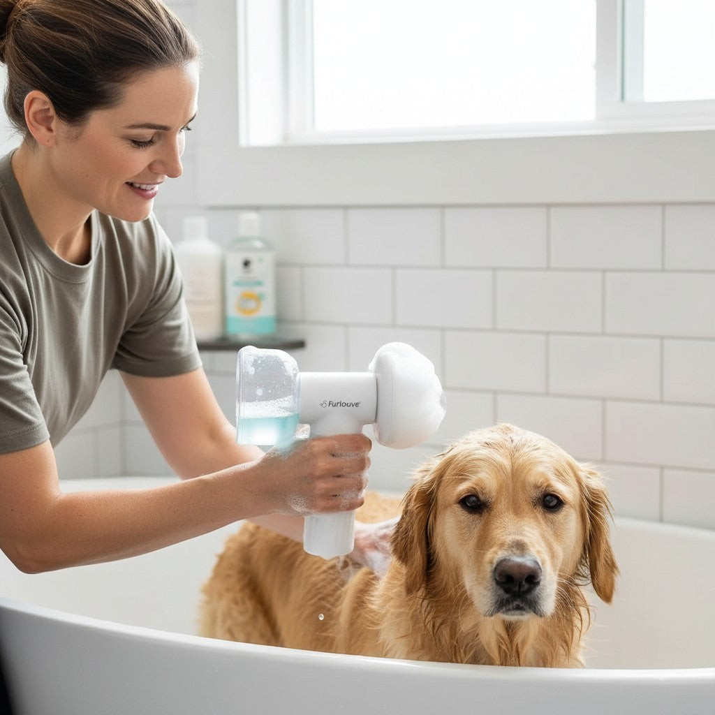 Furlouve automatic foaming pet bath brush with soap dispenser, used by a woman on a golden retriever in a bathtub.