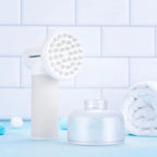 Furlouve white automatic foaming pet bath brush with soap dispenser and silicone bristles for dogs and cats.