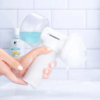 Furlouve automatic foaming pet bath brush with soap dispenser, white silicone scrubber for dogs and cats.