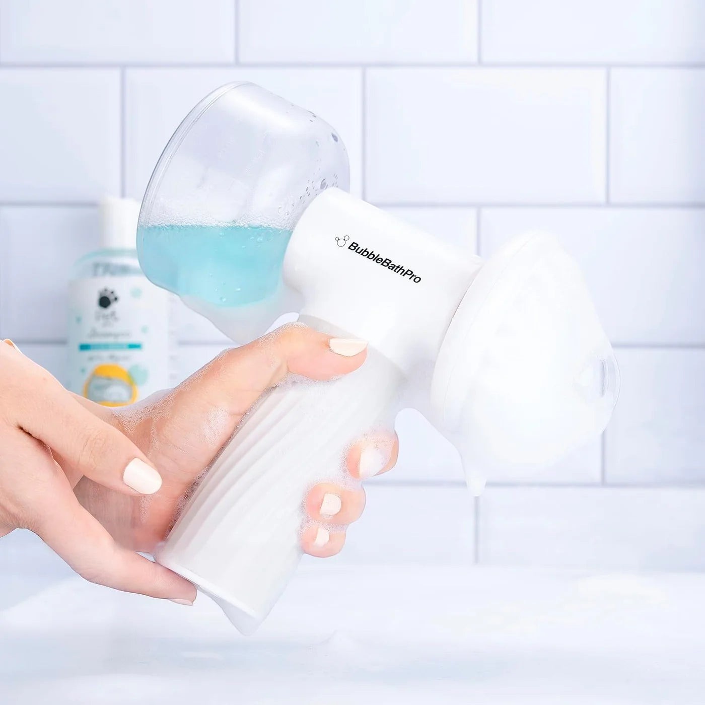 Furlouve automatic foaming pet bath brush with soap dispenser, white silicone scrubber for dogs and cats.