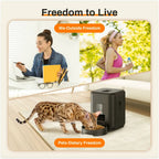 Furlouve black automatic pet feeder with timer and app control, feeding a cat. Dual power mode.