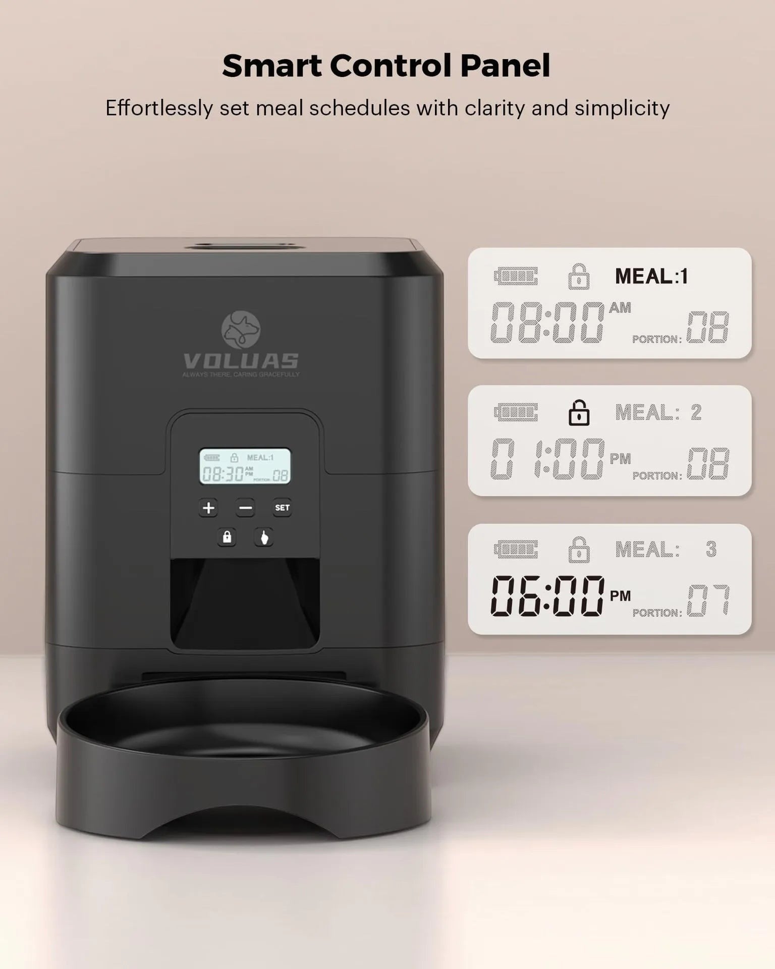 Furlouve black automatic pet feeder with digital display showing meal times and portion sizes.