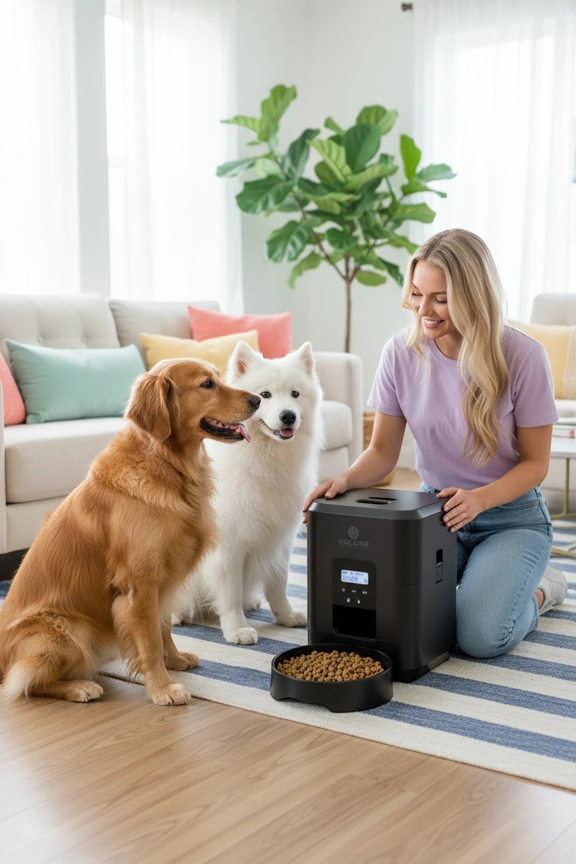 Furlouve black automatic pet feeder with timer and app control, shown with two dogs and a woman in a living room.