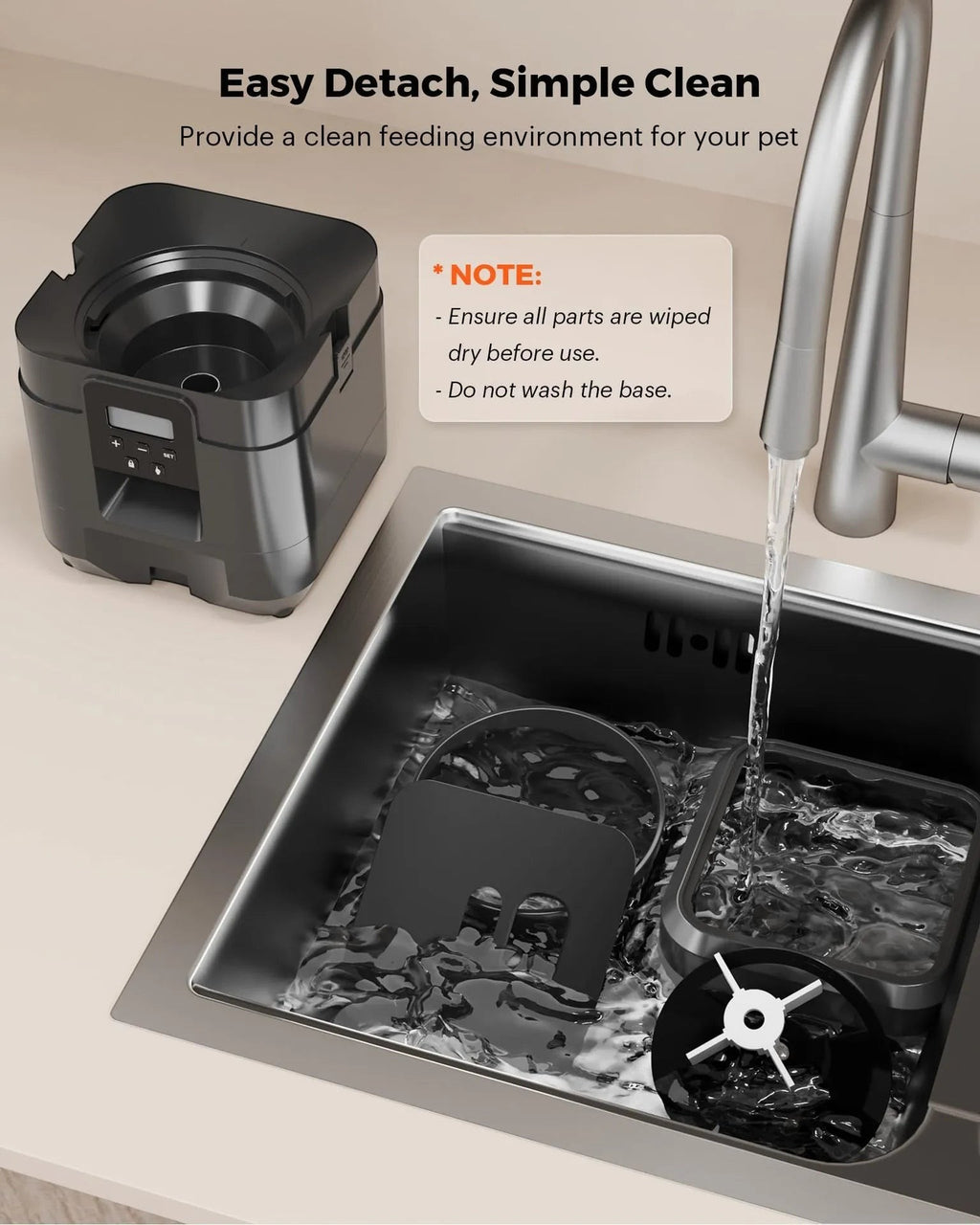 Furlouve black automatic pet feeder with timer and app control, shown next to a sink with water.