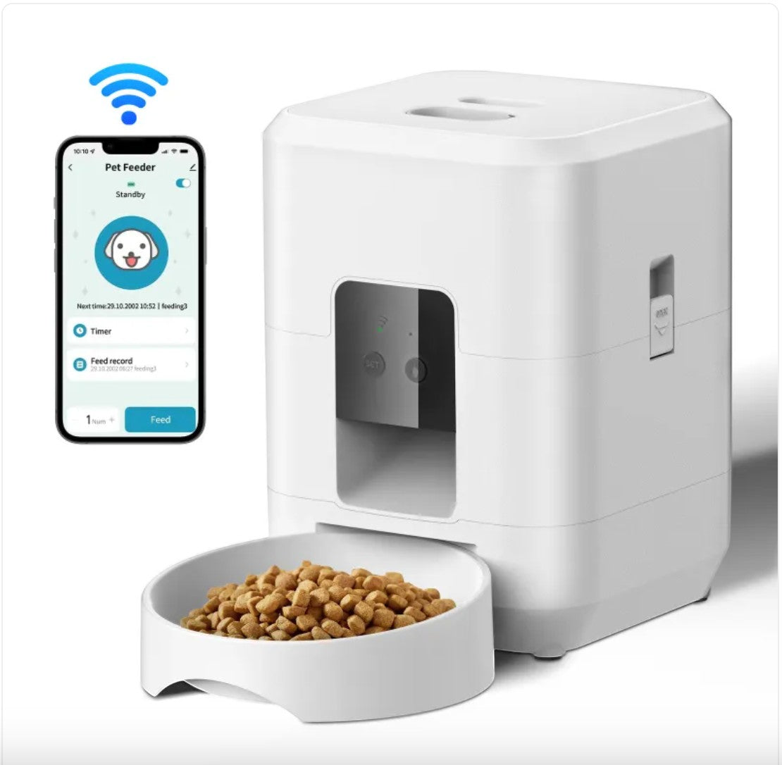 Furlouve white automatic pet feeder with WiFi app control and a full food bowl.
