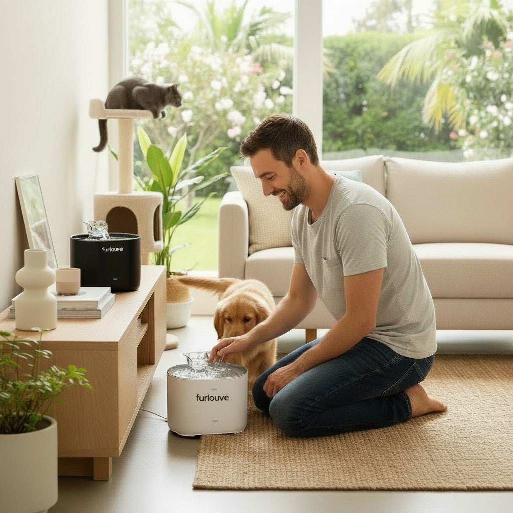 Furlouve Automatic Pet Water Fountain Dispenser in white, with a dog drinking from it. A man kneels beside the fountain.
