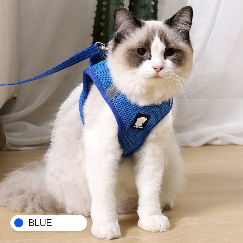 Furlouve blue breathable mesh cat harness with adjustable webbing for escape-proof outdoor adventures.
