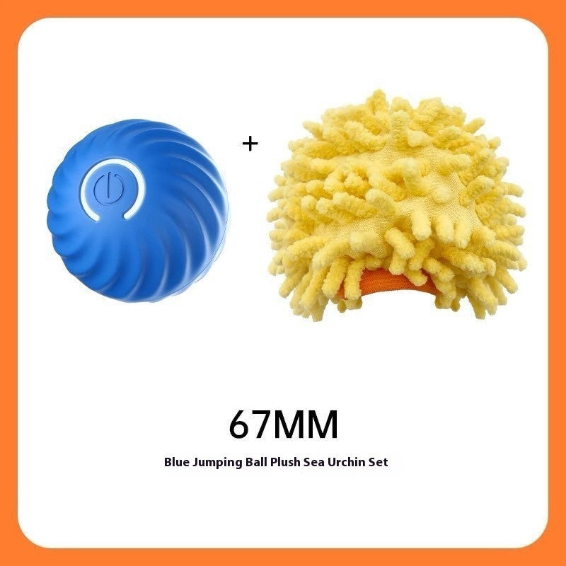 Furlouve blue interactive jumping ball toy with plush sea urchin cover for dogs. Durable rubber, teeth-cleaning.