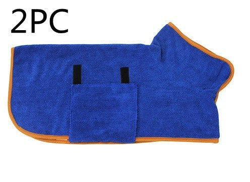 Furlouve blue microfiber pet bathrobe with orange trim and hook & loop closure. Super absorbent dog drying coat.
