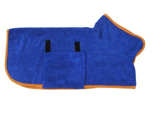 Furlouve blue microfiber pet bathrobe with orange trim and hook & loop closure for quick drying.