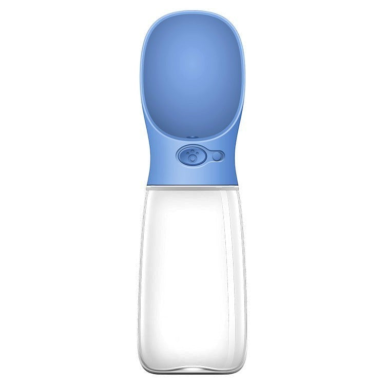 Furlouve blue portable pet water bottle with built-in trough and one-touch button for travel