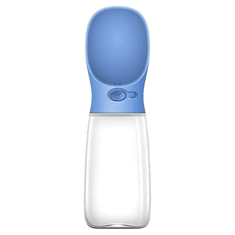 Furlouve blue portable pet water bottle with built-in trough and one-touch button for travel