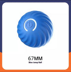 Furlouve blue rubber dog chew ball toy with power button symbol, 67mm size, for dental health and interactive play.