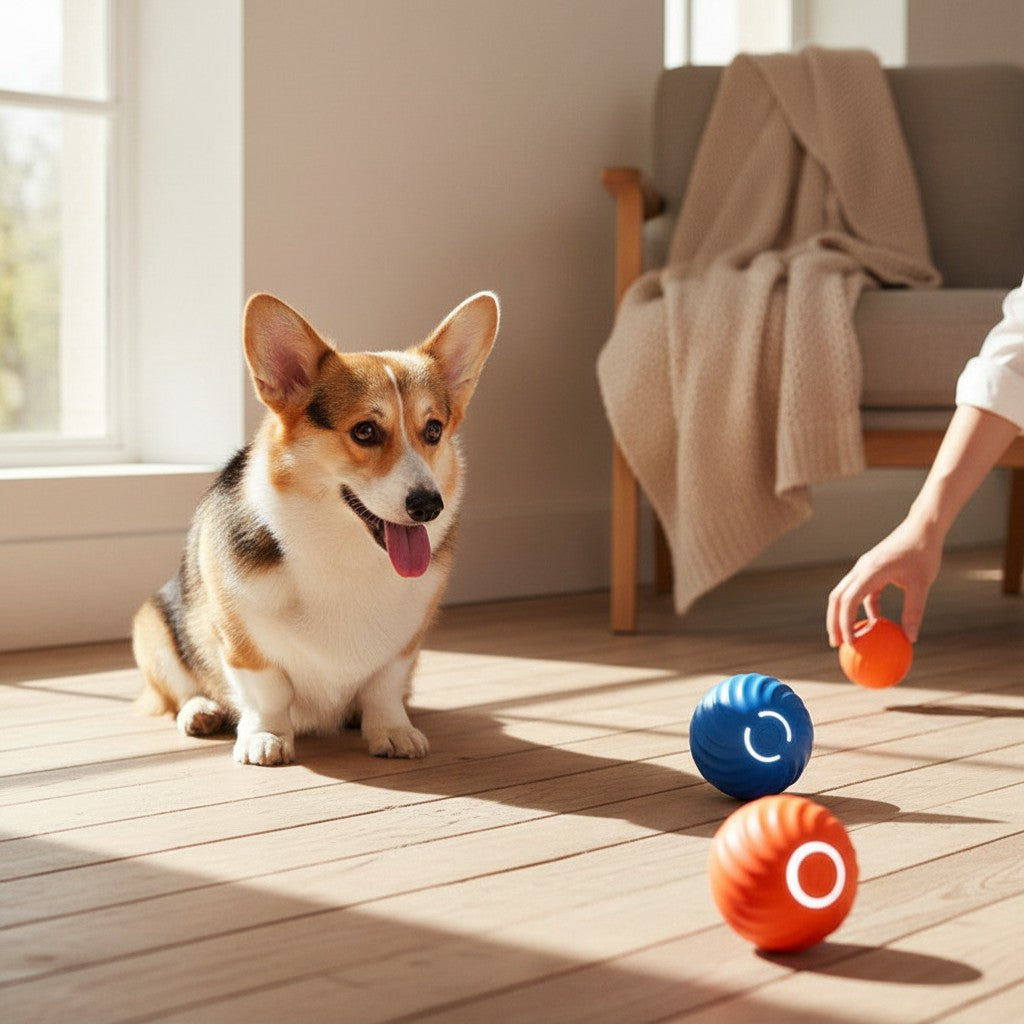 Furlouve blue rubber dog chew ball with a glowing white ring, designed for dental health and durability.