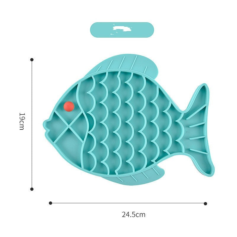 Furlouve blue silicone fish-shaped pet slow feeder mat with textured surface and red eye detail.