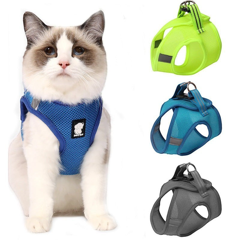 Furlouve blue breathable mesh cat harness with adjustable straps and secure webbing for outdoor adventures.