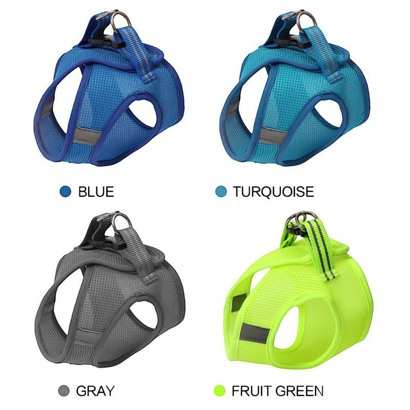 Furlouve breathable mesh cat harness in blue, turquoise, gray, and fruit green. Escape-proof design for outdoor adventures.