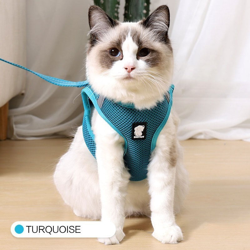 Furlouve turquoise breathable mesh cat harness with leash for outdoor adventures