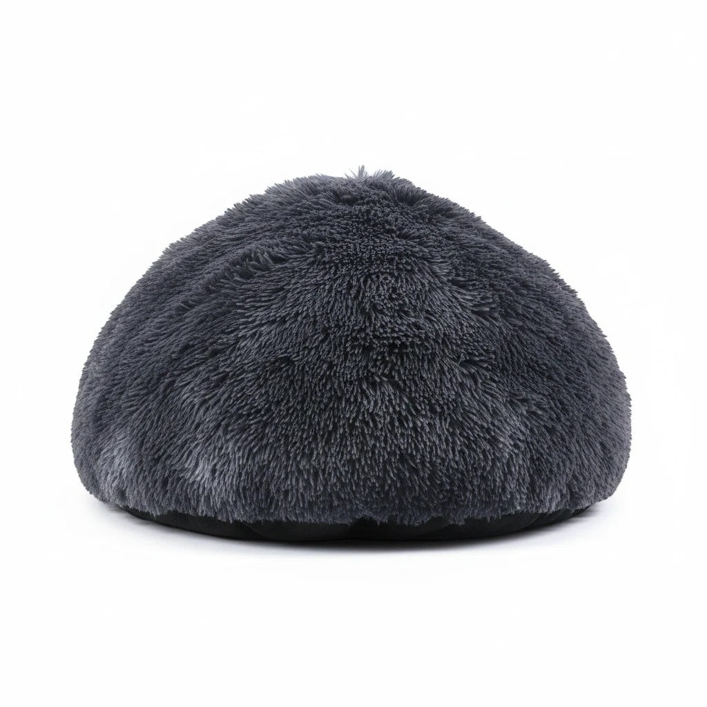Furlouve SNOOZY Calming Anti-Anxiety Pet Bed in dark grey plush fabric, designed for comfort and security.