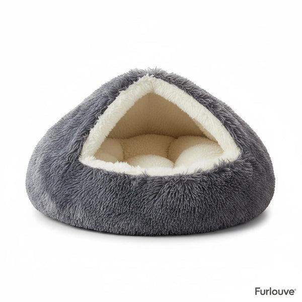 Furlouve SNOOZY grey plush hooded pet bed with cream lining, anti-anxiety design for cats and small dogs.