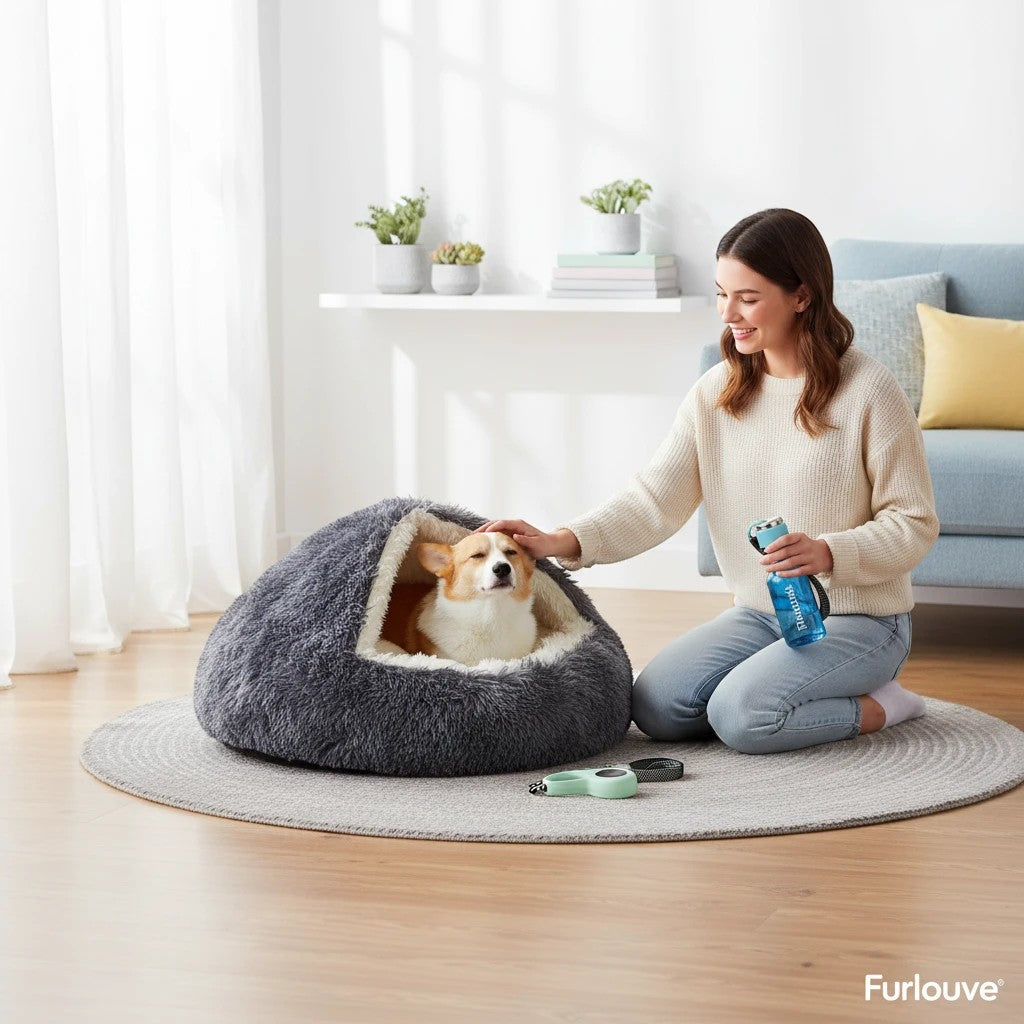 Furlouve grey plush hooded pet bed with a corgi inside, offering comfort and security. A woman kneels beside it.