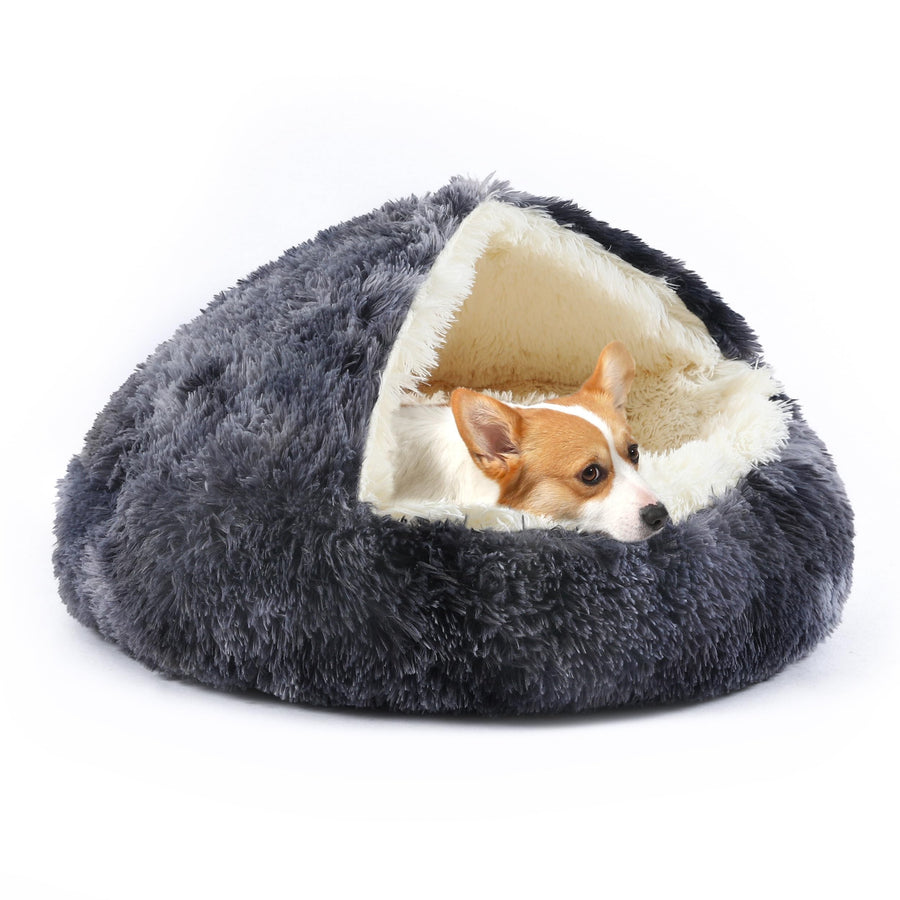 Furlouve grey plush hooded pet bed with cream lining, perfect for anxious dogs and cats.