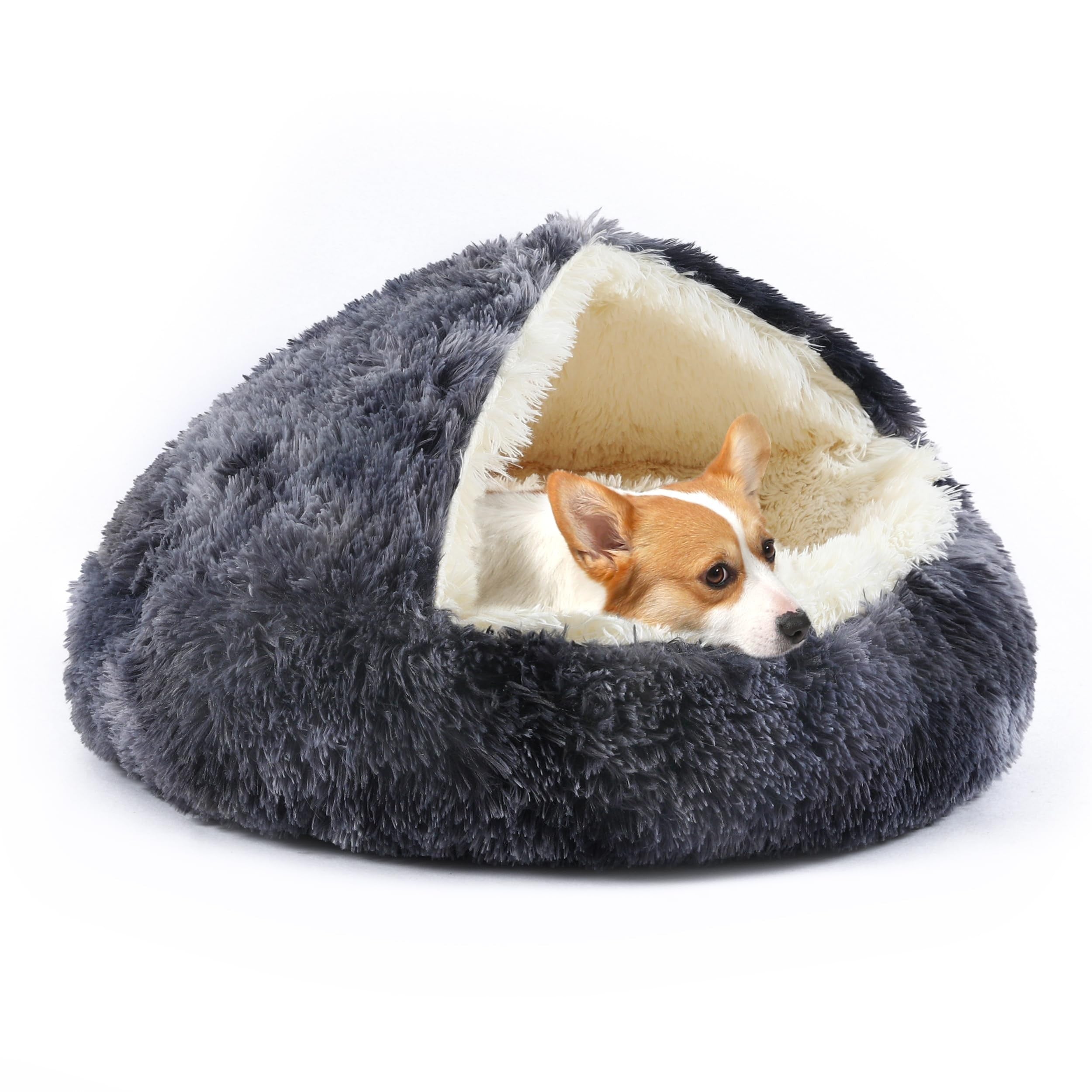 Furlouve SNOOZY Calming Anti-Anxiety Pet Bed, plush grey hooded design with cream lining, perfect for anxious pets.