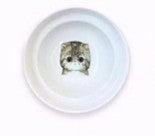 Furlouve white ceramic cat bowl with tabby cat face design, 150mm high ergonomic dining stand.