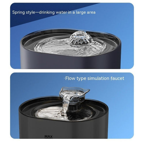Furlouve black automatic cat water fountain with circulating filtration system and simulated faucet flow.
