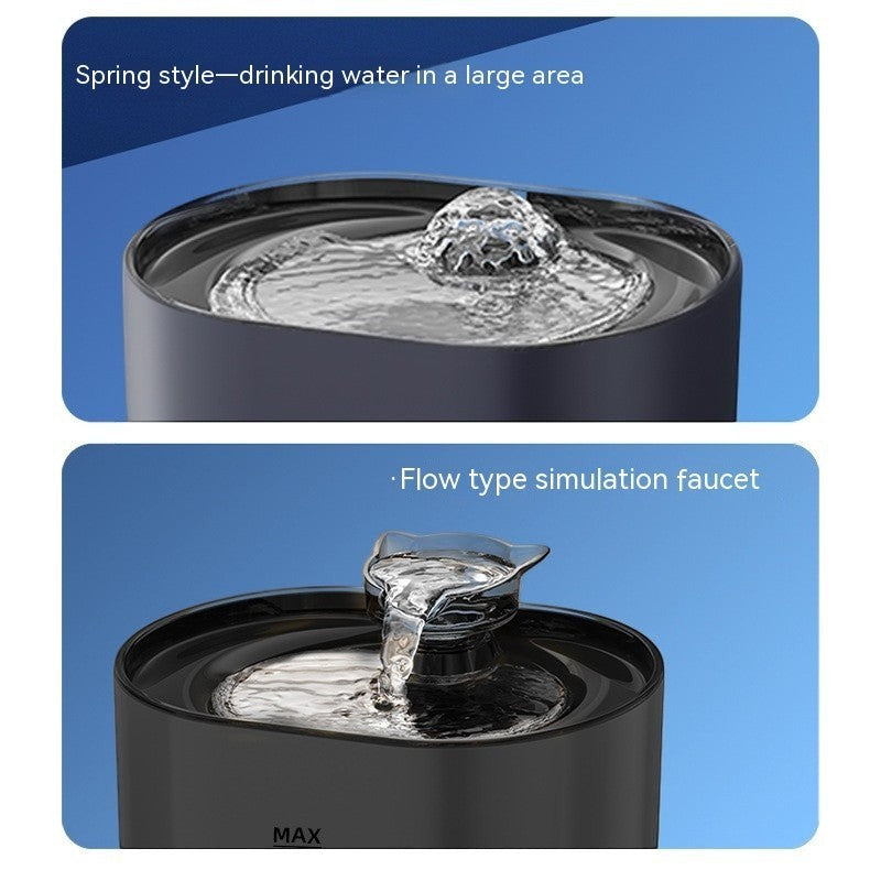 Furlouve black automatic cat water fountain with circulating filtration system and simulated faucet flow.
